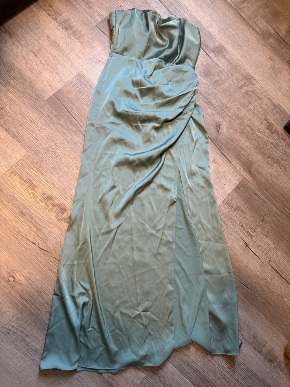 Azazie Kendall x Kylie Strapless Satin Gown in Sage Green